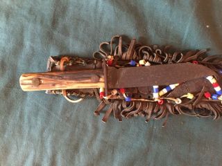 ANTIQUE CREEK INDIAN TRADE KNIFE WITH RELIC BEADED SHEATH STAG GRIPS BOWIE 3