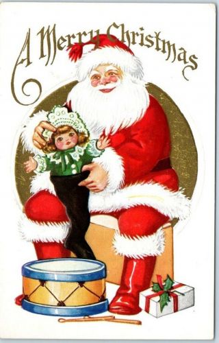 Christmas Embossed Postcard Santa Claus Red Suit W/ Doll & Toys C1910s