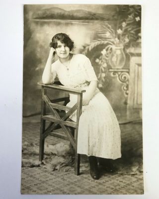 Azo Real Photo Postcard Of A Young Woman Wearing Elgin Fleur - De - Lis Lapel Watch