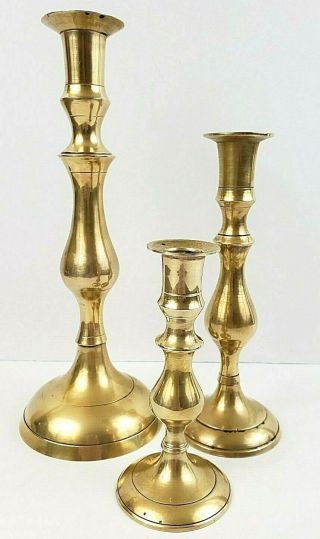 3 Brass Candlestick Holders Lg 10 1/2 " X 4 " Med 8 " X 3 " Sm 5 1/2 " X 2 1/2 "