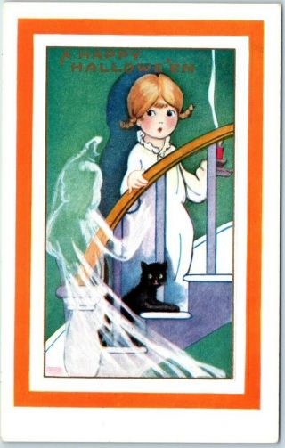 1910s Whitney " A Happy Halloween " Postcard Girl W/ Candle On Stairs -