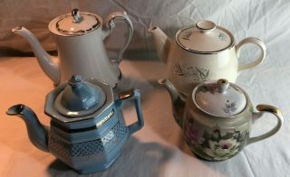 Four (4) Vintage Porcelain Tea Pots Hand Painted Including Harmony House