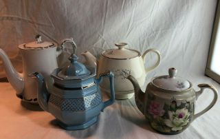 Four (4) Vintage Porcelain Tea Pots Hand Painted including Harmony House 2