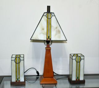 Vintage Southwestern Mission Style Stained Glass & Wood 3 Piece Lamp Set