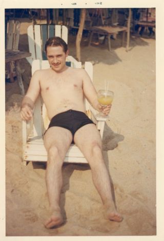 Vintage Color Snapshot - Young Man In Swimming Trunks Drinking A Margarita