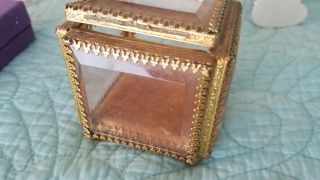 Vintage French Trinket Box Beveled Glass Ornate Rare Brass Footed