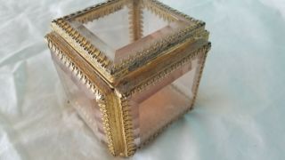 Vintage French Trinket box beveled glass ornate rare brass footed 4