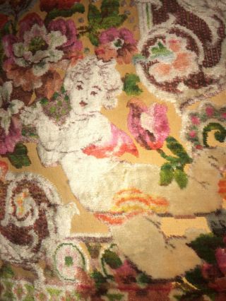Antique Vintage Victorian Floral Cherub Velvet Chenille Tapestry Rug Tablecloth