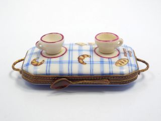 Limoges France Peint Main Breakfast Tray Tea & Croissants Trinket Box,  295/300