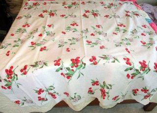 Vintage Cotton Cherry Blossom Tablecloth & 4 Napkins No Stains Looks