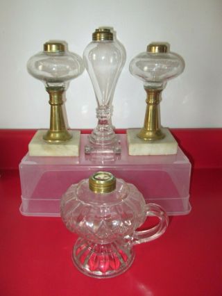 4 Antique 19th C Oil Lamps 1 Is Blown Whale Oil Lamp - All Very Good - Nr