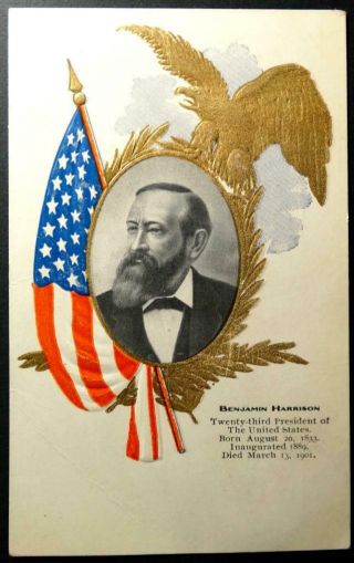 Postcard Patriotic Benjamin Harrison 23rd President American Flag Eagle Embossed
