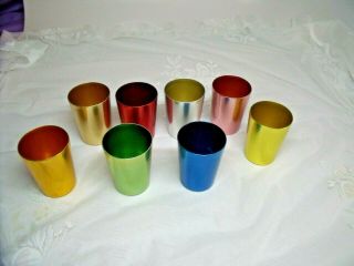 8 Vtg Bascal Anodized Aluminium Different Colors Juice Tumblers 3 1/4 " X 2 3/8