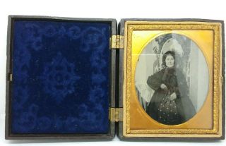 Antique Civil War Era Gutta Percha Daguerreotype Case And Image Of Old Lady