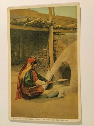 Baking Bread Pueblo Tesuque Native American Indians Fred Harvey Postcard