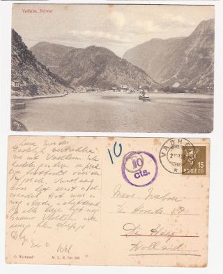 Norway Postcard 1922 Vadheim To Holland Postage Due (age Spots)