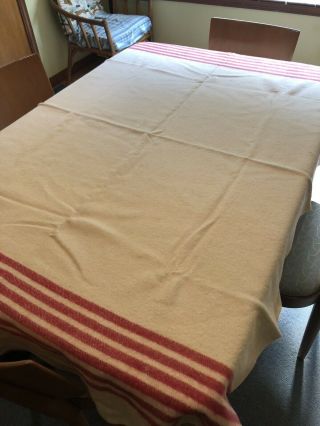 Vintage Wool Camp Type Blanket Off White With Red Stripes 71” X 48”