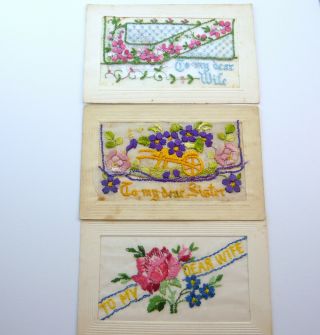 Vintage X3 Wwi Embroidered Silk Postards