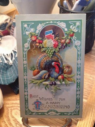 Vintage Patriotic Thanksgiving Postcard Turkey On White Shelf With Fruit & Swag