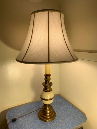 Vintage Mid Century Stiffel Brass & Ceramic Heavy Table Lamp W/ Lined Shade 3way