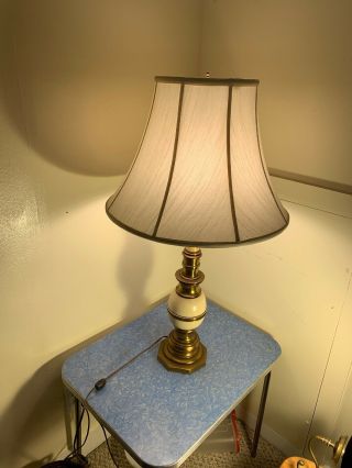 Vintage Mid Century Stiffel Brass & Ceramic Heavy Table Lamp W/ Lined Shade 3way 4