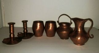 Vintage Hammered Copper Arts And Crafts Candlesticks Pitcher Cups Mini Cauldron
