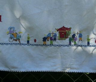 Asian Vintage Fine Linen Handmade Cross Stitched Tablecloth 33 " X 33 "