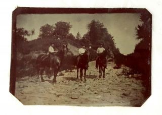 Quarter Plate Tintype Of 3 Men On Horses,  Identified