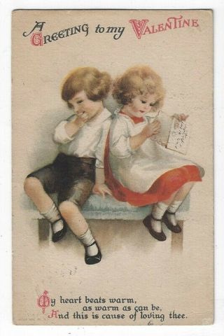 Vintage Valentine Greetings Postcard,  Boy & Girl Sitting On A Bench,  1923
