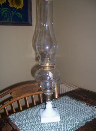 Antique Cut And Etched Glass Font Fluid Oil Lamp Milk Glass Base