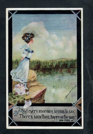 G297 Postcard Artist Signed Cobb Shinn Woman Looking Over Lake