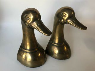 Vintage Heavy Book Ends Aged Patina Weighted Brass Duck Goose Heads 6 " Bookend