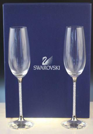 Pair Signed Swarovski Crystal Filled Stem Fluted Champagne Glasses W/ Box