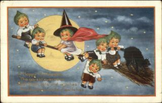 Halloween Acorn Children Witch Man In The Moon Whitney C1915 Postcard