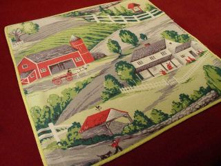 Vintage Barkcloth Pillow Cover Grandma Moses Farm Scene Vat Print 16x16