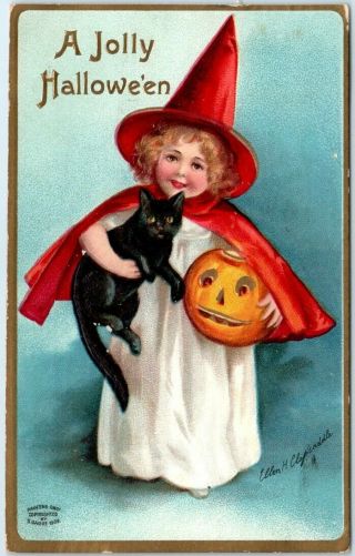Vintage Artist - Signed Clapsaddle Halloween Postcard Girl Red Witch Hat Cat 1909