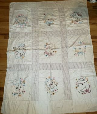Vintage/antique Baby Child Quilt Hand Embroidered Animal Blocks So Cute