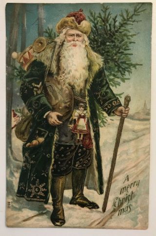 Long Green Robe Santa Claus W.  Walking Stick Toys 1910 Christmas Postcard - C725