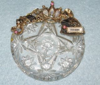 Souvenir Pressed Glass Dish Indiana With Decorative Ornate Frame