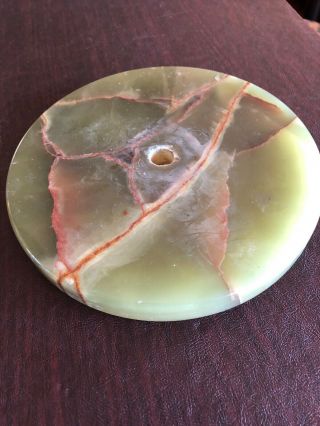 9” Round Vintage Heavy Veined Green Marble Or Onyx With Lamp Base