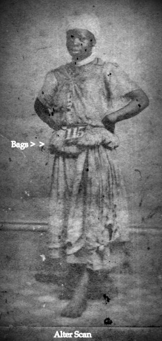 CDV Young Afro - American Slave with number 115 and her bags around her waist. 3