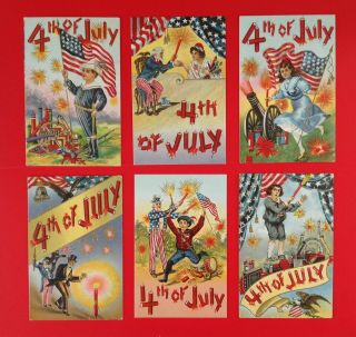Fourth Of July Postcards - Set Of 6 - Series 129 Firecrackers,  Uncle Sam,  Children