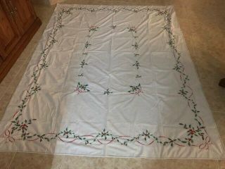 Vintage Embroidered Tablecloth & 12 Napkins Red &green Christmas Holly 84 " X 64 "