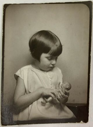 Consoling Her Dolly In The Photobooth,  Young Girl,  Vintage Photo Snapshot