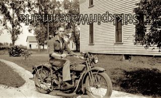 1920s Era Photo Negative Motorcycle Henderson Excelsior X Serious Rider