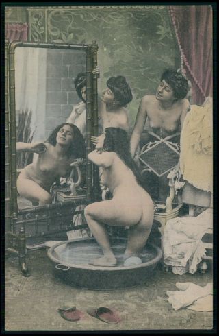 Color Photogravure Nude Woman Lesbian Big Butt Bathing 1910s Postcard