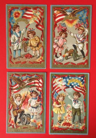 Vintage Fourth Of July Postcards - Set Of 4 - Children,  Cannons,  Firecrackers