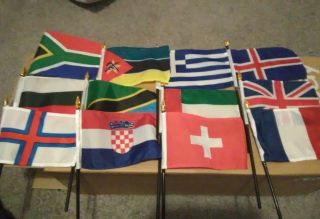 Flags Of The World 3 " X5 " Flag 12 Set Cloth,  Plastic Polls W/ Gold Color Tips.