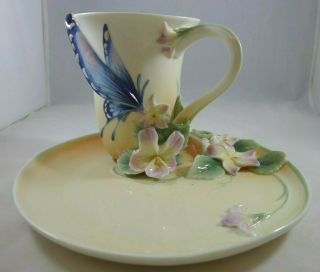 Franz Spotted Purple Butterfly Design Sculptured Porcelain Cup & Saucer W/box