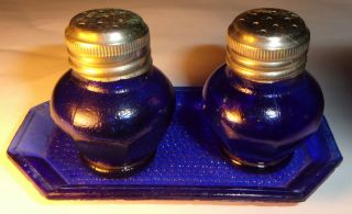 Vintage Antique Cobalt Blue Salt & Pepper Shakers W Tray Made In Japan